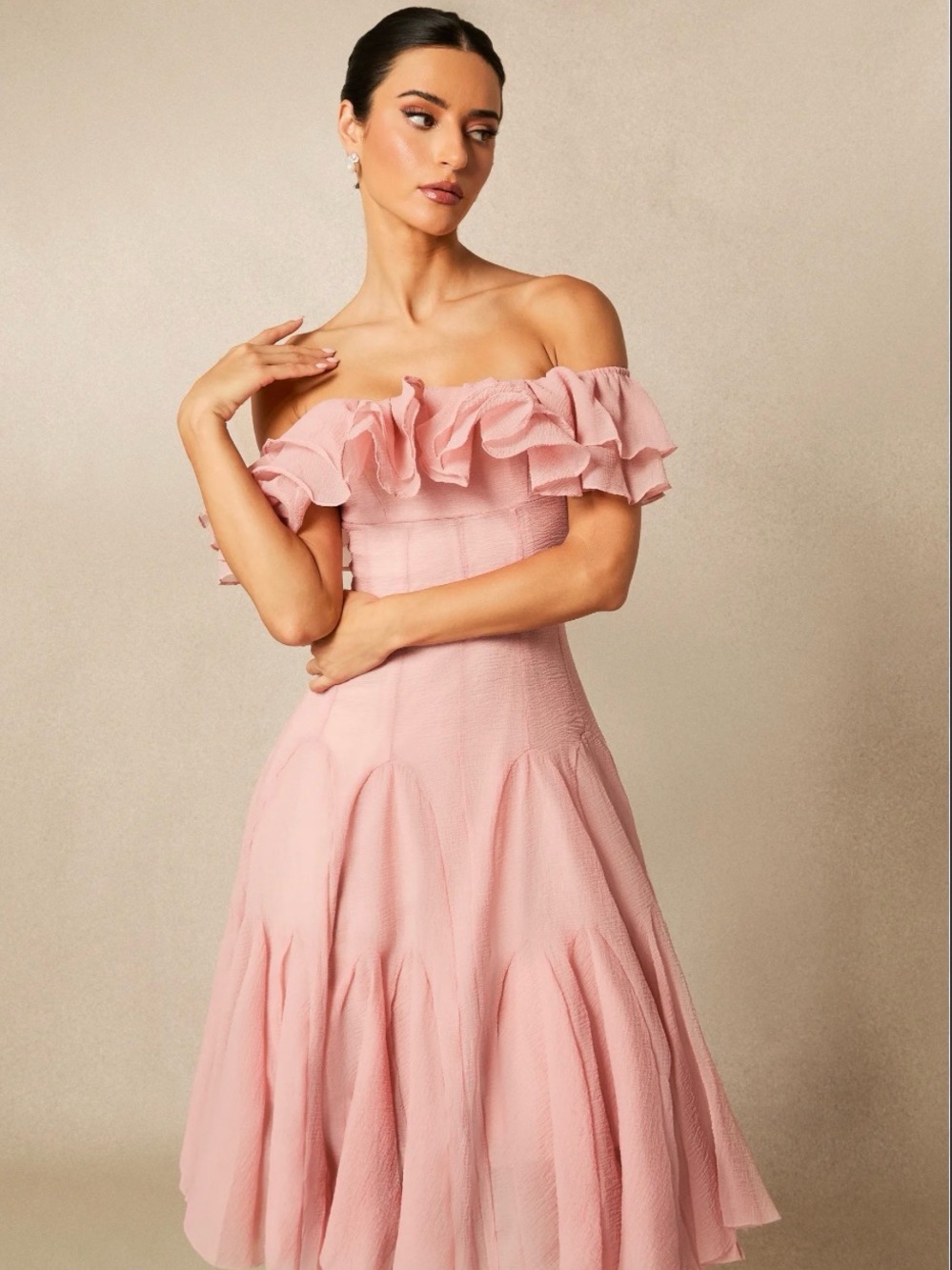 One-Shoulder Ruffle Midi Dress in Blush Pink